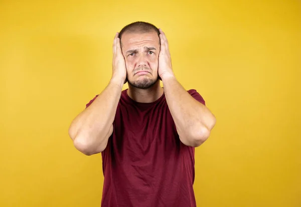 Russian Man Wearing Basic Red Shirt Yellow Insolated Background Thinking — Stock Photo, Image