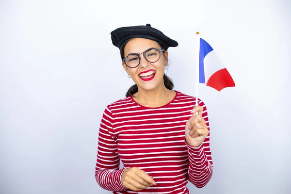 Young Beautiful Brunette Woman Wearing French Beret Glasses White Background — Stock Photo, Image