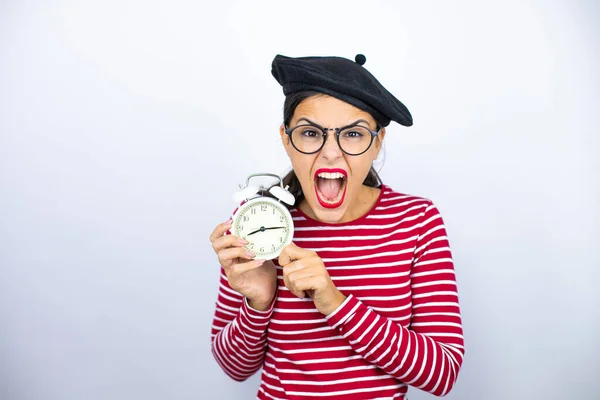 Young Beautiful Brunette Woman Wearing French Beret Glasses White Background — Stock Photo, Image