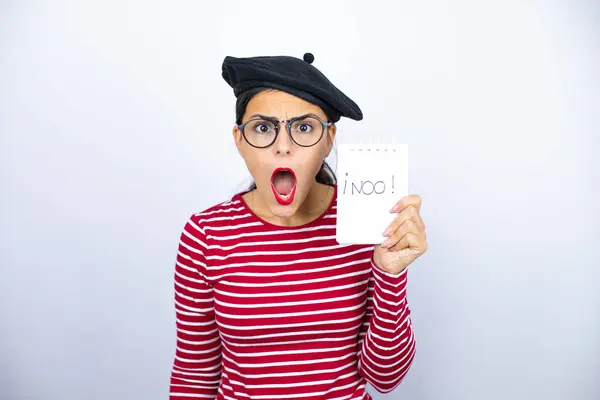 Young Beautiful Brunette Woman Wearing French Beret Glasses White Background — Stock Photo, Image