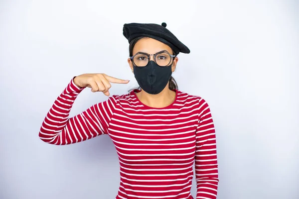 Young Beautiful Brunette Woman Wearing French Beret Glasses White Background — Stock Photo, Image