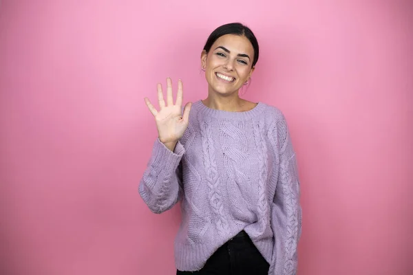 Showing Pointing Fingers Number Five While Smiling Confident Happy — Stock Photo, Image
