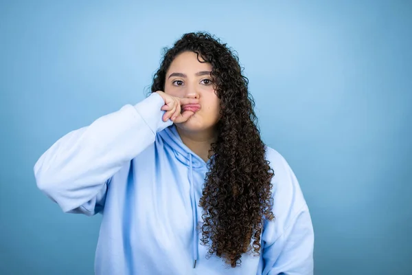 Young Beautiful Woman Wearing Casual Sweatshirt Isolated Blue Background Mouth — Stock Photo, Image