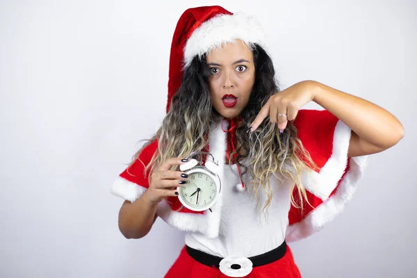 Young Beautiful Woman Wearing Santa Claus Costume White Background Pointing — Foto de Stock