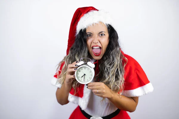 Young Beautiful Woman Wearing Santa Claus Costume White Background Screaming — Foto de Stock