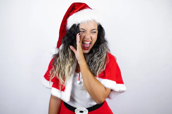 Young Beautiful Woman Wearing Santa Claus Costume White Background Hand — Φωτογραφία Αρχείου