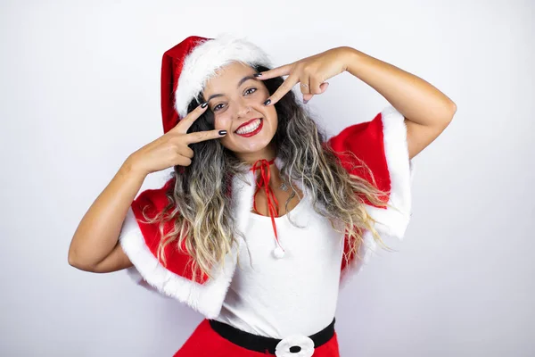 Young Beautiful Woman Wearing Santa Claus Costume White Background Doing — Stock fotografie