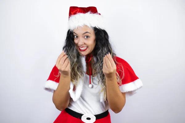 Young Beautiful Woman Wearing Santa Claus Costume White Background Doing — Φωτογραφία Αρχείου