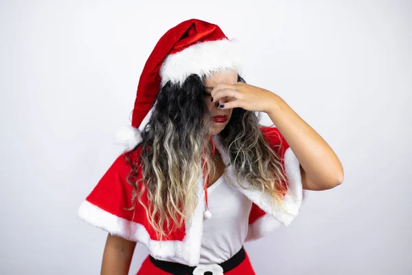 Young Beautiful Woman Wearing Santa Claus Costume White Background Smelling — Stock fotografie