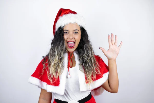 Joven Hermosa Mujer Con Traje Santa Claus Sobre Fondo Blanco — Foto de Stock