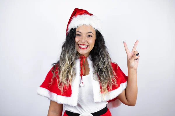 Joven Hermosa Mujer Con Traje Santa Claus Sobre Fondo Blanco — Foto de Stock