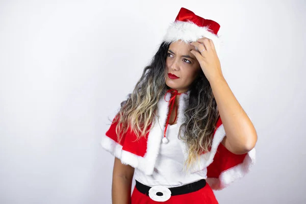 Young Beautiful Woman Wearing Santa Claus Costume White Background Confuse — Foto Stock