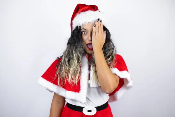 Young Beautiful Woman Wearing Santa Claus Costume White Background Covering — Fotografia de Stock