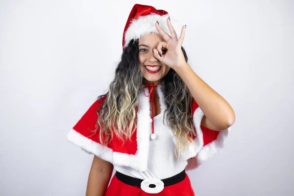 Young Beautiful Woman Wearing Santa Claus Costume White Background Doing — Stok fotoğraf