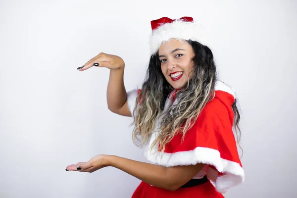 Young Beautiful Woman Wearing Santa Claus Costume White Background Gesturing — Foto de Stock