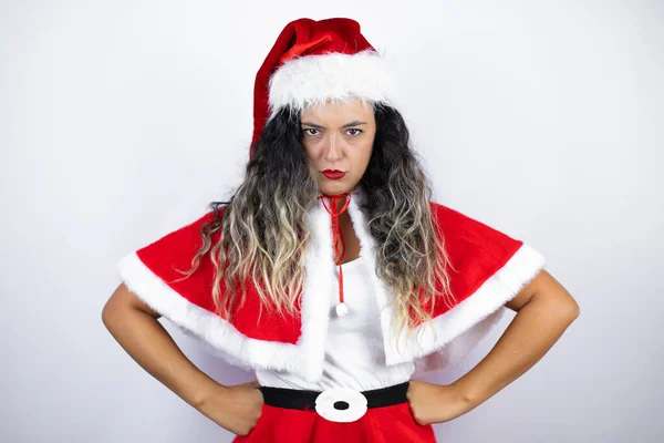 Young Beautiful Woman Wearing Santa Claus Costume White Background Skeptic — Foto de Stock