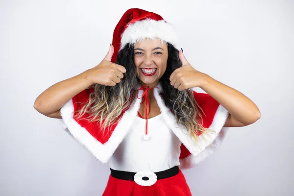 Jovem Mulher Bonita Vestindo Traje Papai Noel Sobre Fundo Branco — Fotografia de Stock