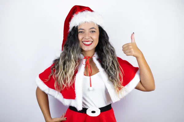 Jovem Mulher Bonita Vestindo Traje Papai Noel Sobre Fundo Branco — Fotografia de Stock