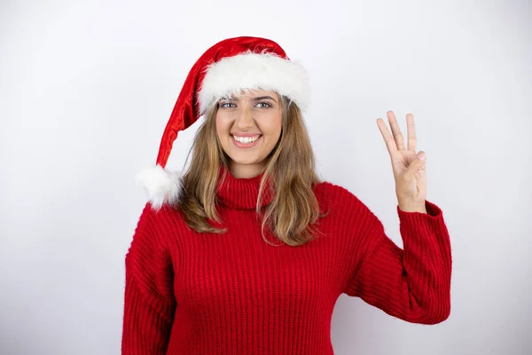 Giovane Bella Donna Bionda Indossa Maglione Casual Rosso Cappello Natale — Foto Stock