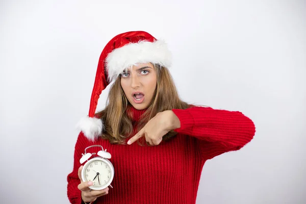 Young Pretty Blonde Woman Wearing Red Casual Sweater Christmas Hat — Stock Photo, Image