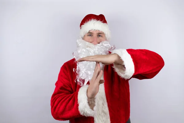 Man Dressed Santa Claus Standing Isolated White Background Doing Time — Stock Photo, Image