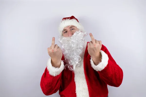 Man Dressed Santa Claus Standing Isolated White Background Showing Middle — Φωτογραφία Αρχείου