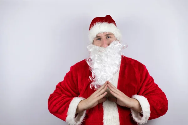 Homem Vestido Papai Noel Sobre Fundo Branco Isolado Com Mãos — Fotografia de Stock