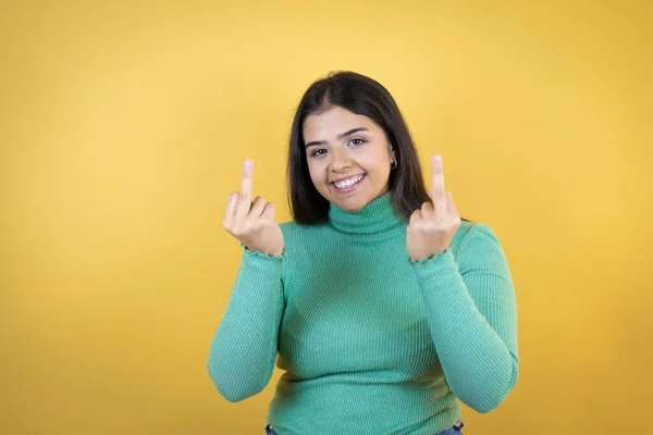 Young Caucasian Woman Isolated Yellow Background Showing Middle Finger Doing — Fotografia de Stock