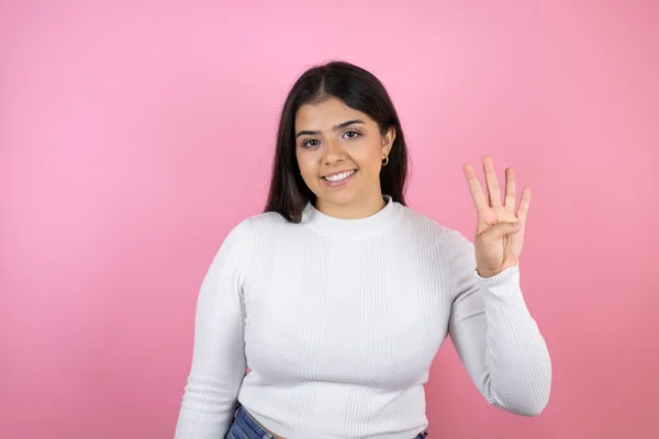 Jovem Bela Mulher Sobre Isolado Fundo Rosa Mostrando Apontando Para — Fotografia de Stock