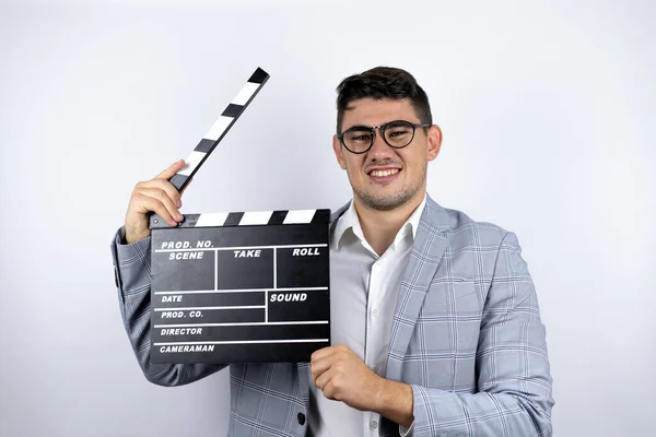 Business Giovane Uomo Indossa Una Camicia Casual Sfondo Bianco Tenendo — Foto Stock