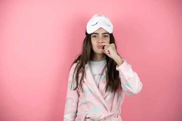 Pretty Girl Wearing Pajamas Sleep Mask Pink Background Doing Call — Stock Photo, Image