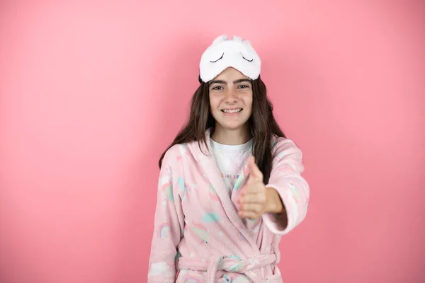 Pretty Girl Wearing Pajamas Sleep Mask Pink Background Smiling Friendly — Stock Photo, Image