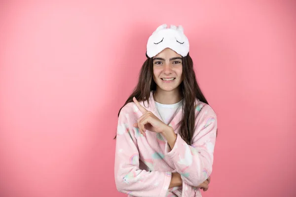 Pretty Girl Wearing Pajamas Sleep Mask Pink Background Smiling Confident — Stock Photo, Image