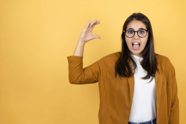 İzole edilmiş sarı arka planda ceketini giyen genç ve güzel bir kadın gülümsüyor ve elleriyle küçük boy işareti yapıyor. Ölçü kavramı.