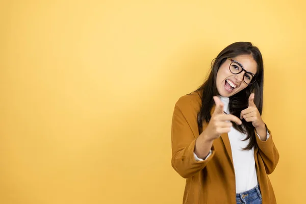 Young Beautiful Woman Wearing Blazer Isolated Yellow Background Pointing You — Stock Photo, Image