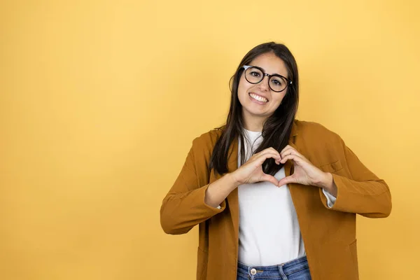 Young Beautiful Woman Wearing Blazer Isolated Yellow Background Smiling Love — Stock Photo, Image