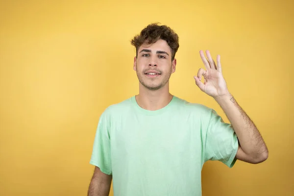 黄色の背景に緑色のカジュアルなTシャツを着てハンサムな男が指と笑顔でOkサインをして 優れたシンボル — ストック写真