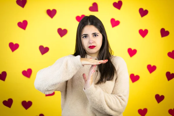 Young Caucasian Woman Yellow Background Red Hearts Doing Time Out — Stock Photo, Image
