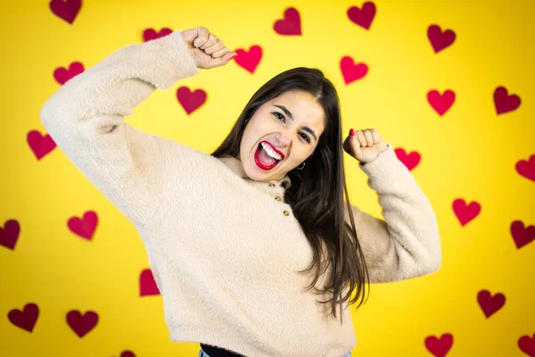 Young Caucasian Woman Yellow Background Red Hearts Very Happy Excited — Stock Photo, Image