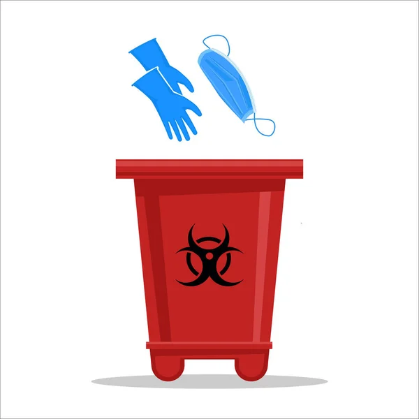 Kullanılmış lateks eldivenler ve cerrahi maskeler için biyolojik tehlike işareti olan kırmızı çöp konteynırı. Coronavirüs salgını sırasında tıbbi atıkların düzgün bir şekilde yok edilmesi kavramı.