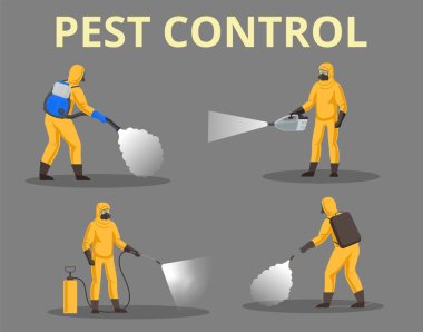 Set  of pest control workers. People in protective suits and respirators with sprays and steam generators to kill insects. clipart