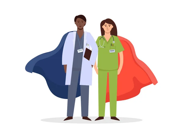 Arzt Und Krankenschwester Superhelden Der Nähe Stehen Mitarbeiter Des Gesundheitswesens — Stockvektor
