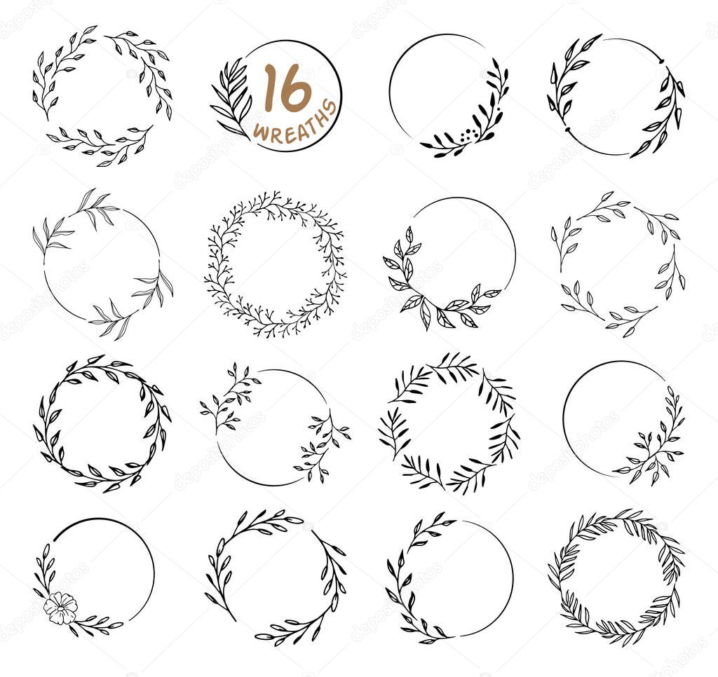 A set of wreaths of leaves, branches and flowers. Plant elements for wedding and holiday decoration.