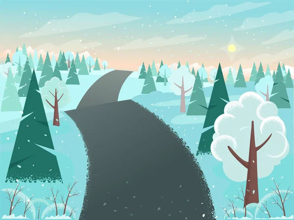 Kış manzarası. Tepelerde karla kaplı ağaçlar, ufukta görünen yol. Bir seyahat ve turizm sembolü.