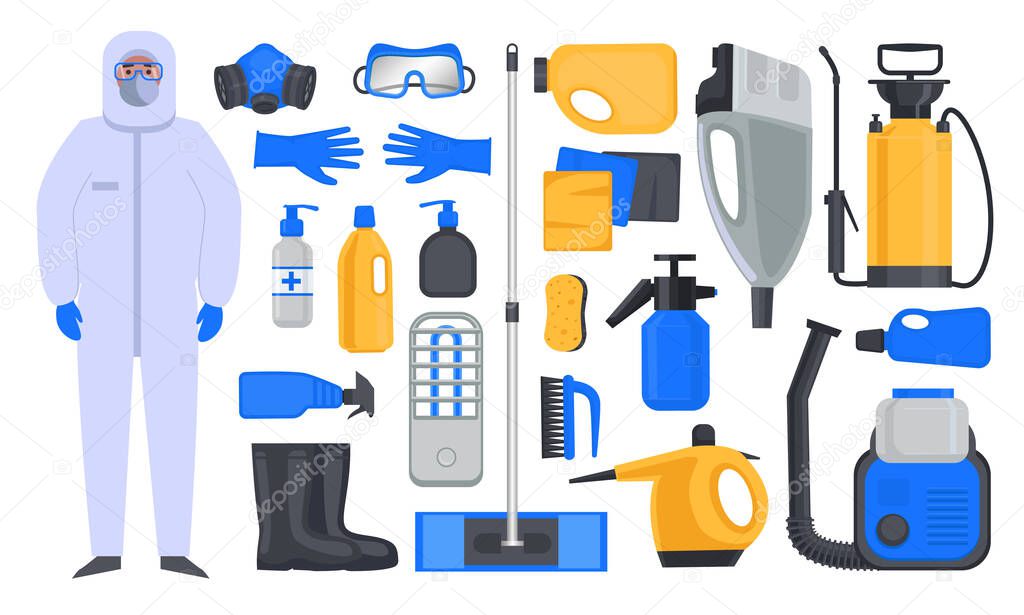 Equipment and products for disinfection. Sprayers, pumps with disinfectant. Personal protective equipment: mask, respirator, glasses, chemical suit, boots. Chemical means for sanitation.