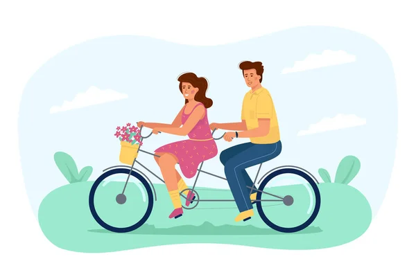 年轻夫妇爱上骑自行车 男人和女人之间的浪漫约会 — 图库矢量图片