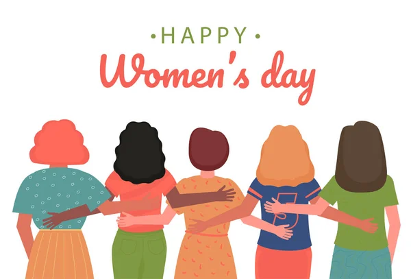 Kızlar, kardeşliğin ve feminizmin bir sembolü olarak kucaklaşıyor. Kadınlar Günü için şablon tasarımı.