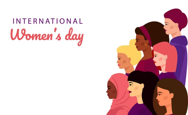 Eine Menge Unterschiedlicher Weiblicher Charaktere Inschrift Happy Women Day Entwurf — Stockvektor