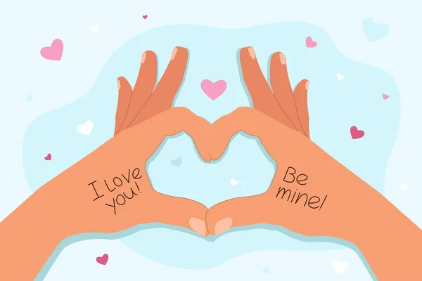 Parmaklar kalp şeklinde kıvrılmış. Aşk ve romantizmin sembolü. Sevgililer Günü şablon tasarımı.