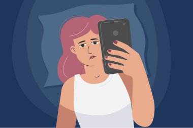 A woman with a phone in bed, addicted to gadgets. Overuse of screen time. clipart